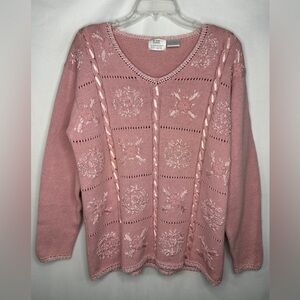 Vintage Blair Boutique Pink Sweater‎ Floral Embroidered Ribbon Cottagecore Sz L